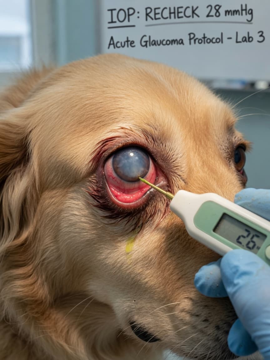 Veterinarian measuring intraocular pressure in a dog's red, cloudy eye using a tonometer during an eye examination