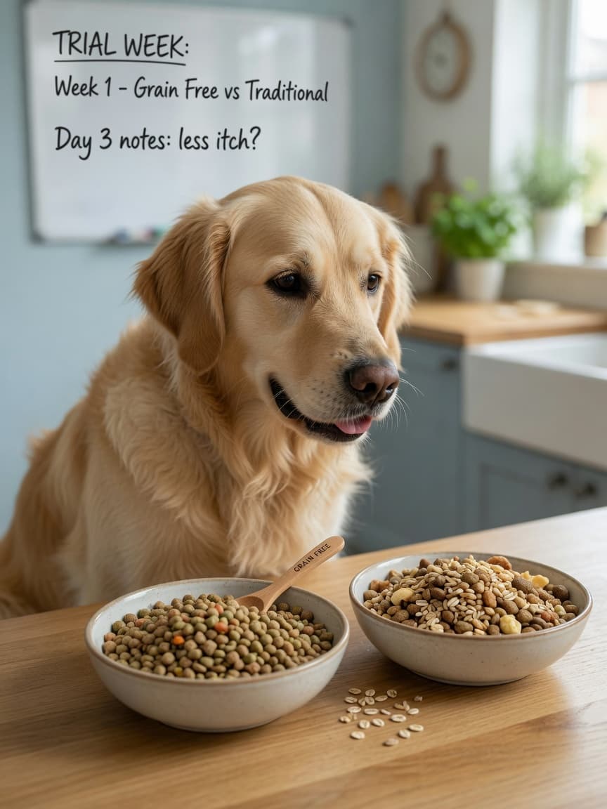 Golden retriever comparing grain-free kibble and traditional grain-inclusive kibble side by side at a kitchen table with natural light