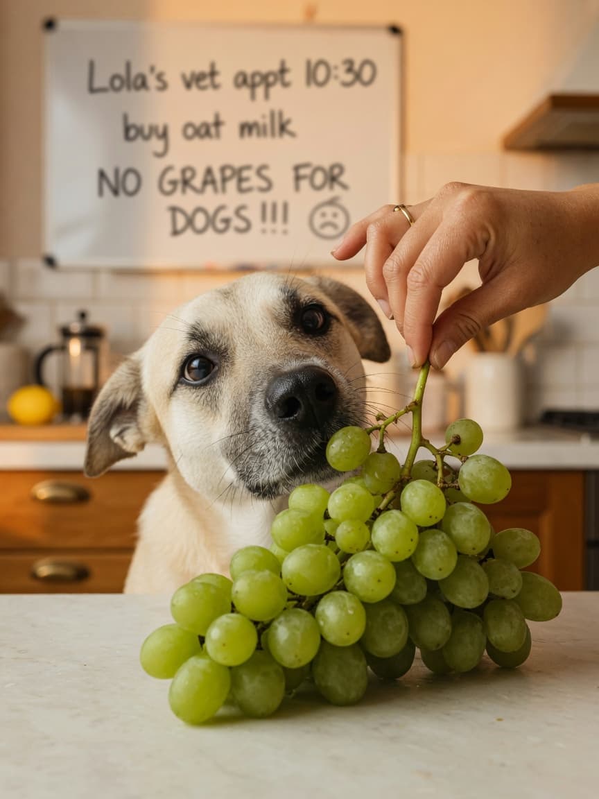 Dog sniffing at grapes on kitchen counter while owner's hand reaches to remove them