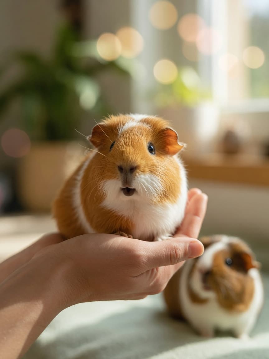 Guinea pig being held on a hand, vocalizing with mouth slightly open, second guinea pig visible nearby