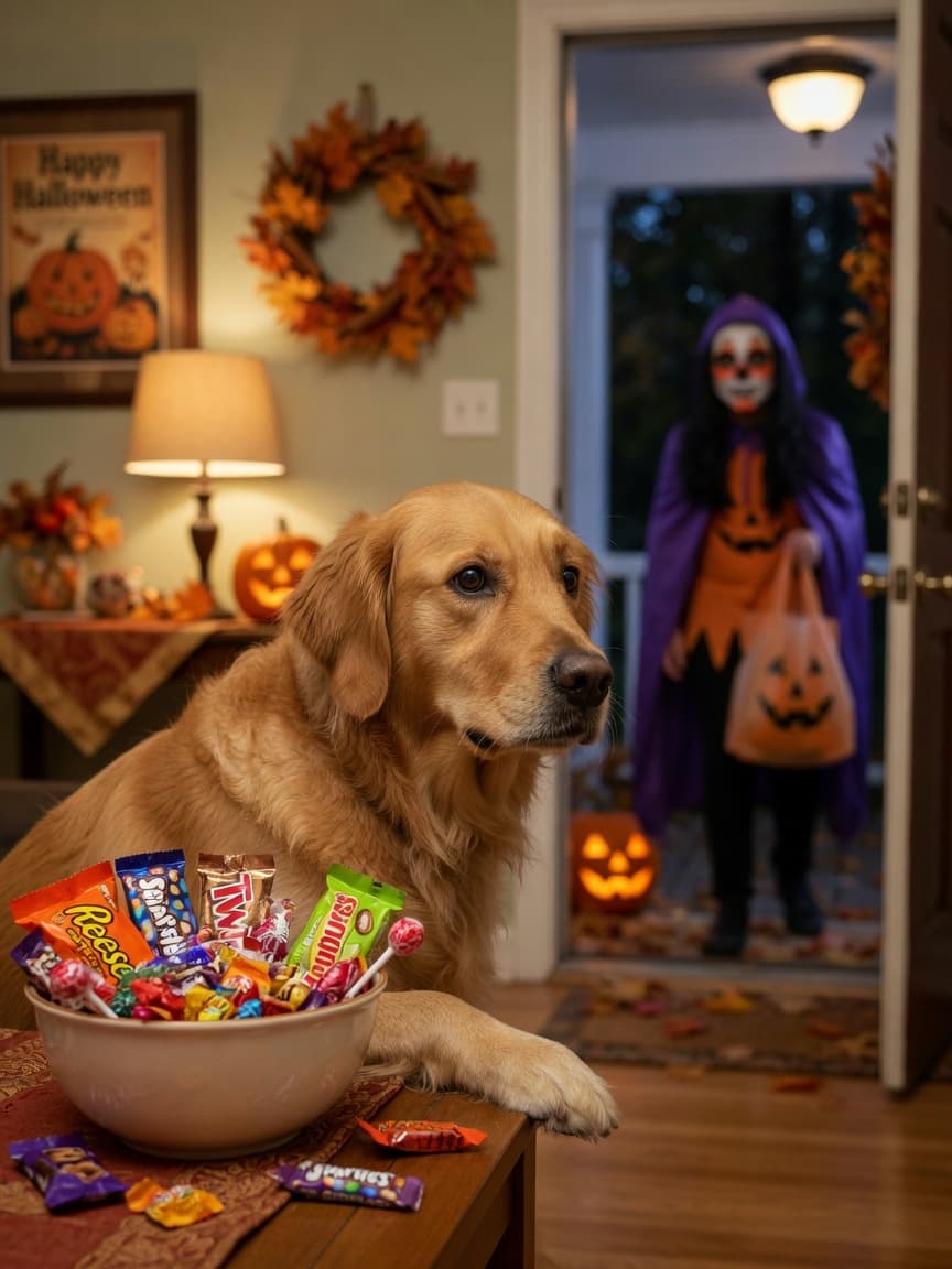 Anxious golden retriever watching Halloween trick-or-treaters at the front door with candy bowl visible