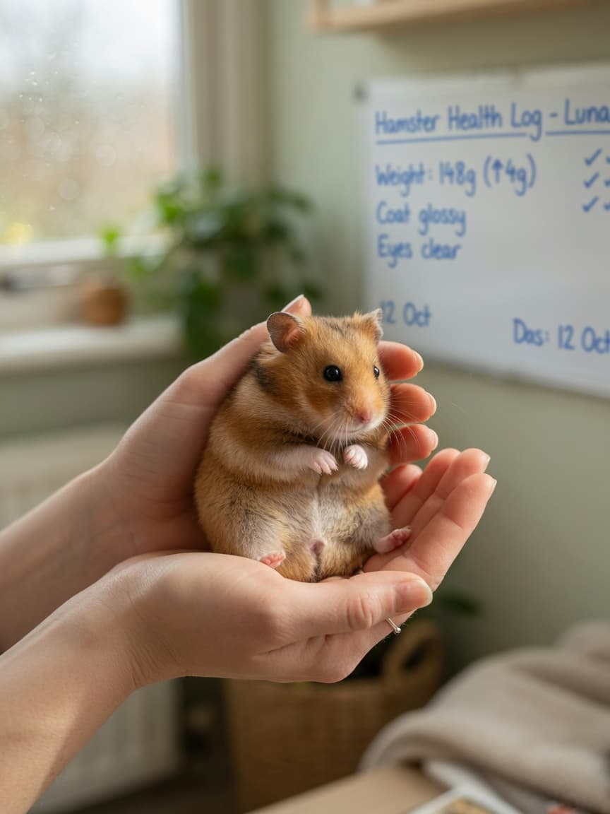Owner's hands gently cradling a golden Syrian hamster for health inspection