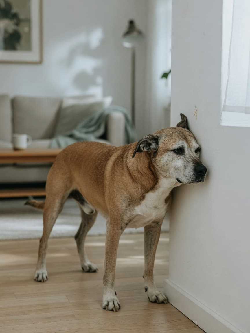 Dog exhibiting head pressing behavior against a wall corner, showing characteristic neurological compulsion