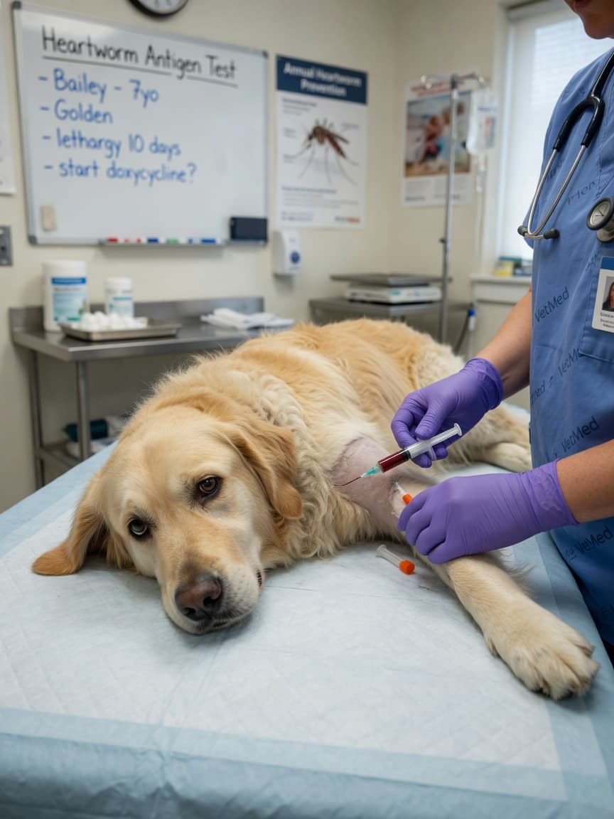 Golden retriever on vet table during heartworm blood test