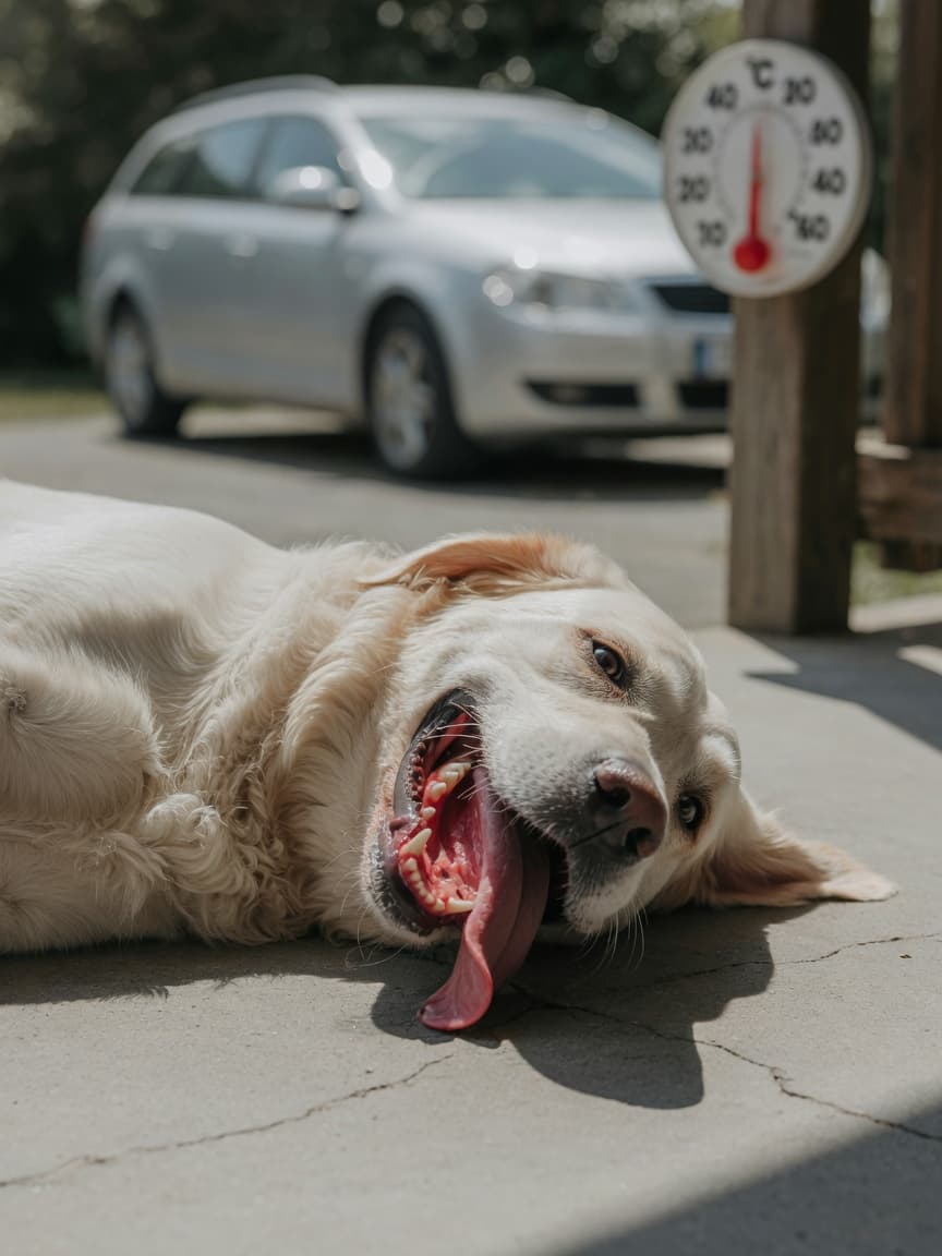 Golden retriever showing severe signs of heatstroke with heavy panting and bright red gums, lying in shade with a parked car and thermometer visible in background under intense midday sun