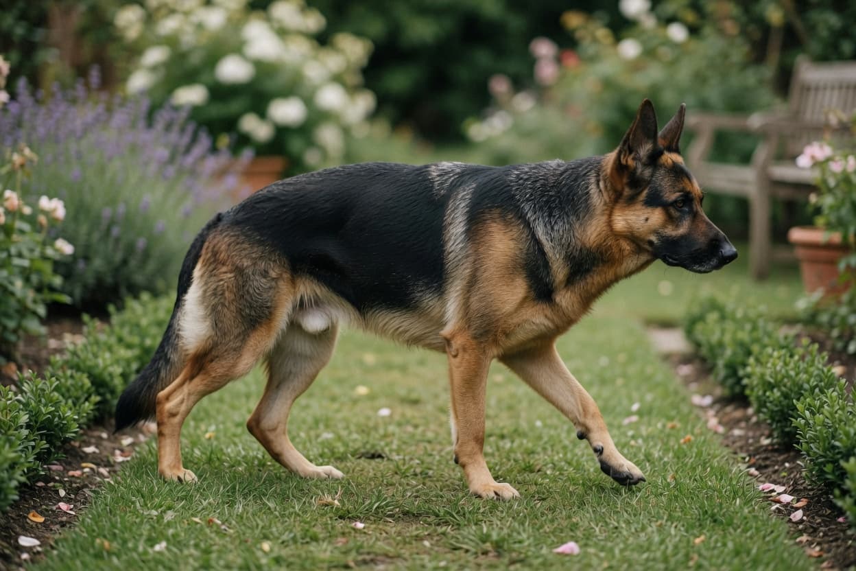 A black and tan German Shepherd showing a subtle limp while walking on a garden path, illustrating signs of hip dysplasia.