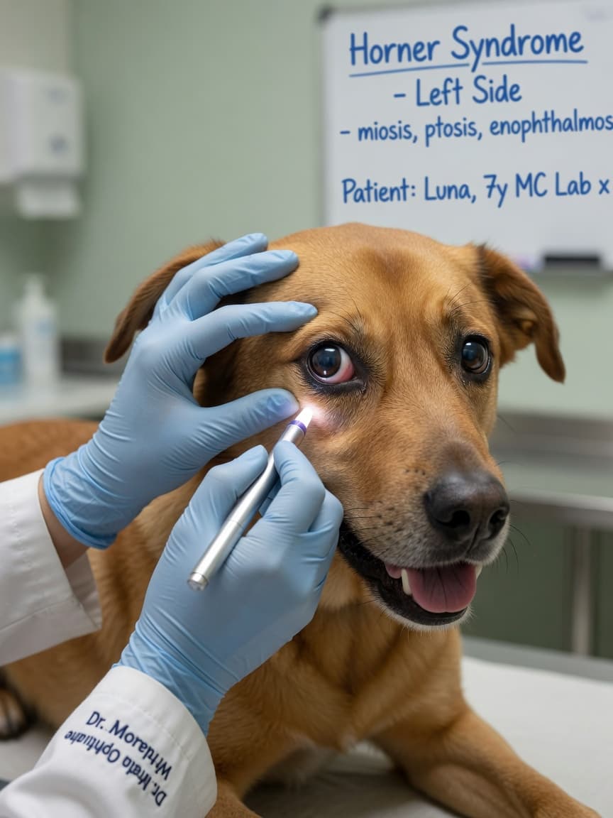 Veterinarian examining a dog's eye with a penlight, revealing drooping eyelid, constricted pupil, and visible third eyelid characteristic of Horner syndrome