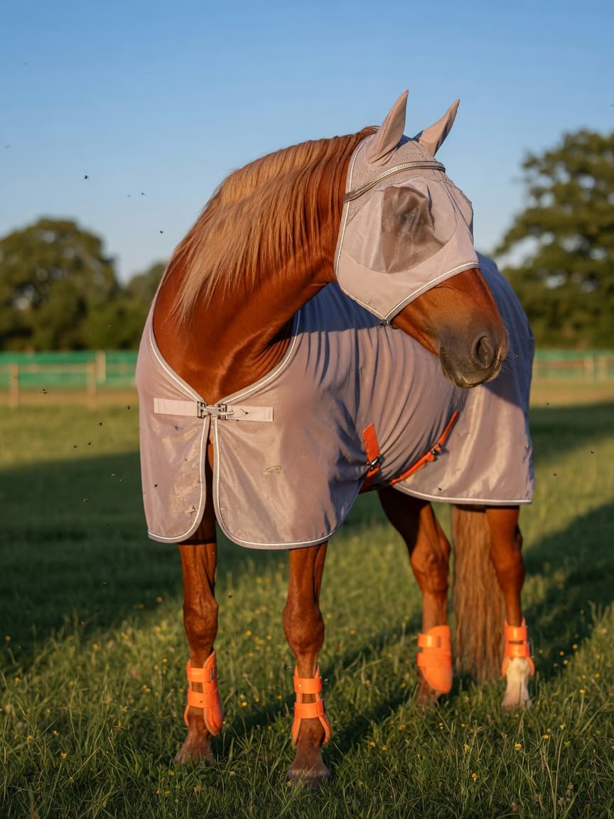 Chestnut horse wearing protective fly rug and fly mask in sunny paddock