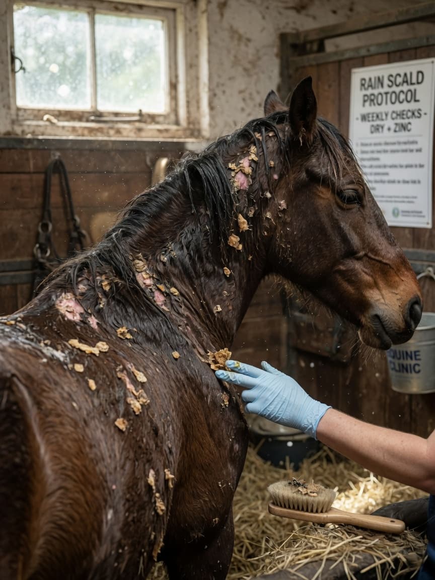 Bay horse with rain scald lesions on neck and back being examined by a veterinarian in a stable