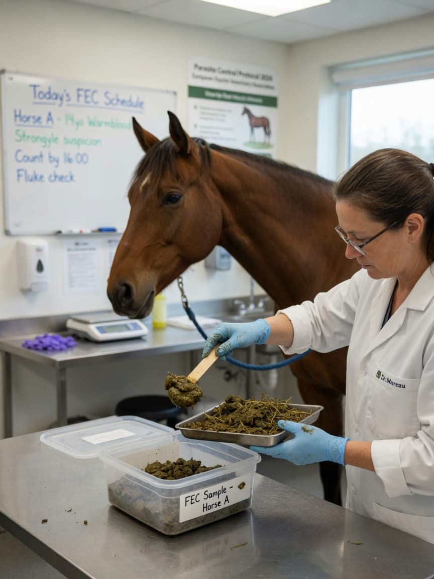 Veterinarian in blue gloves collecting a dung sample from a horse into a specimen container for worm egg count testing