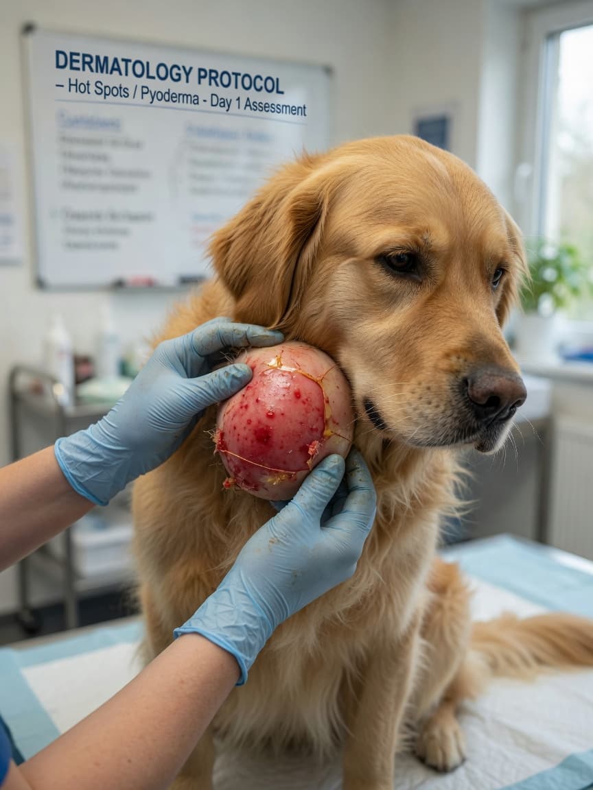 Veterinarian examining a red, moist hot spot lesion on a Golden Retriever's neck and cheek during clinical assessment