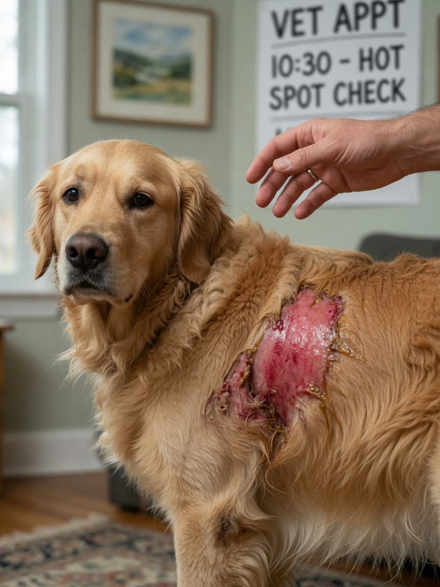 Close-up of an inflamed hot spot on a Golden Retriever's flank showing red raw skin with yellowish discharge and matted fur, owner's hand showing concern nearby