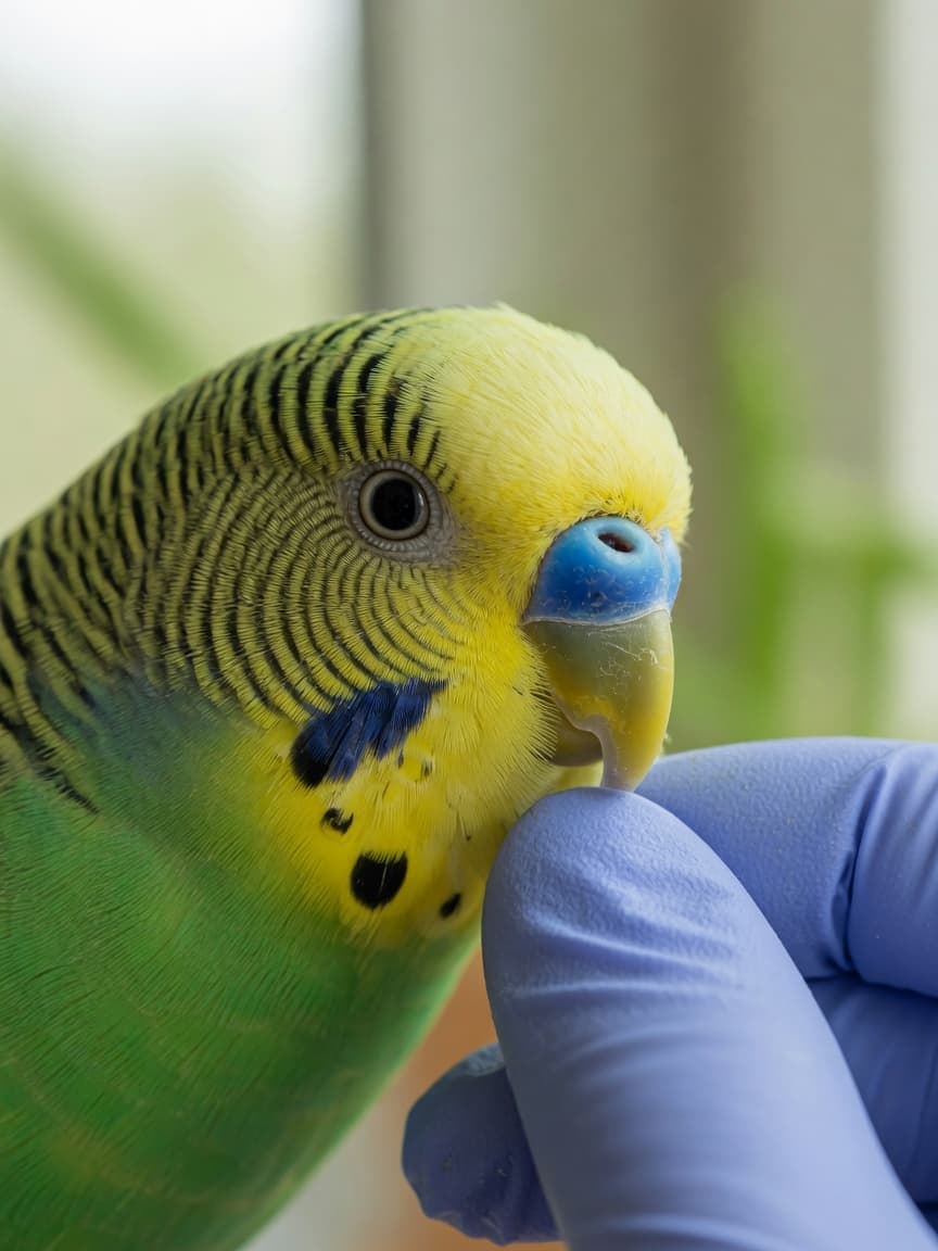 Close-up of a veterinarian examining a budgerigar's blue cere during health assessment