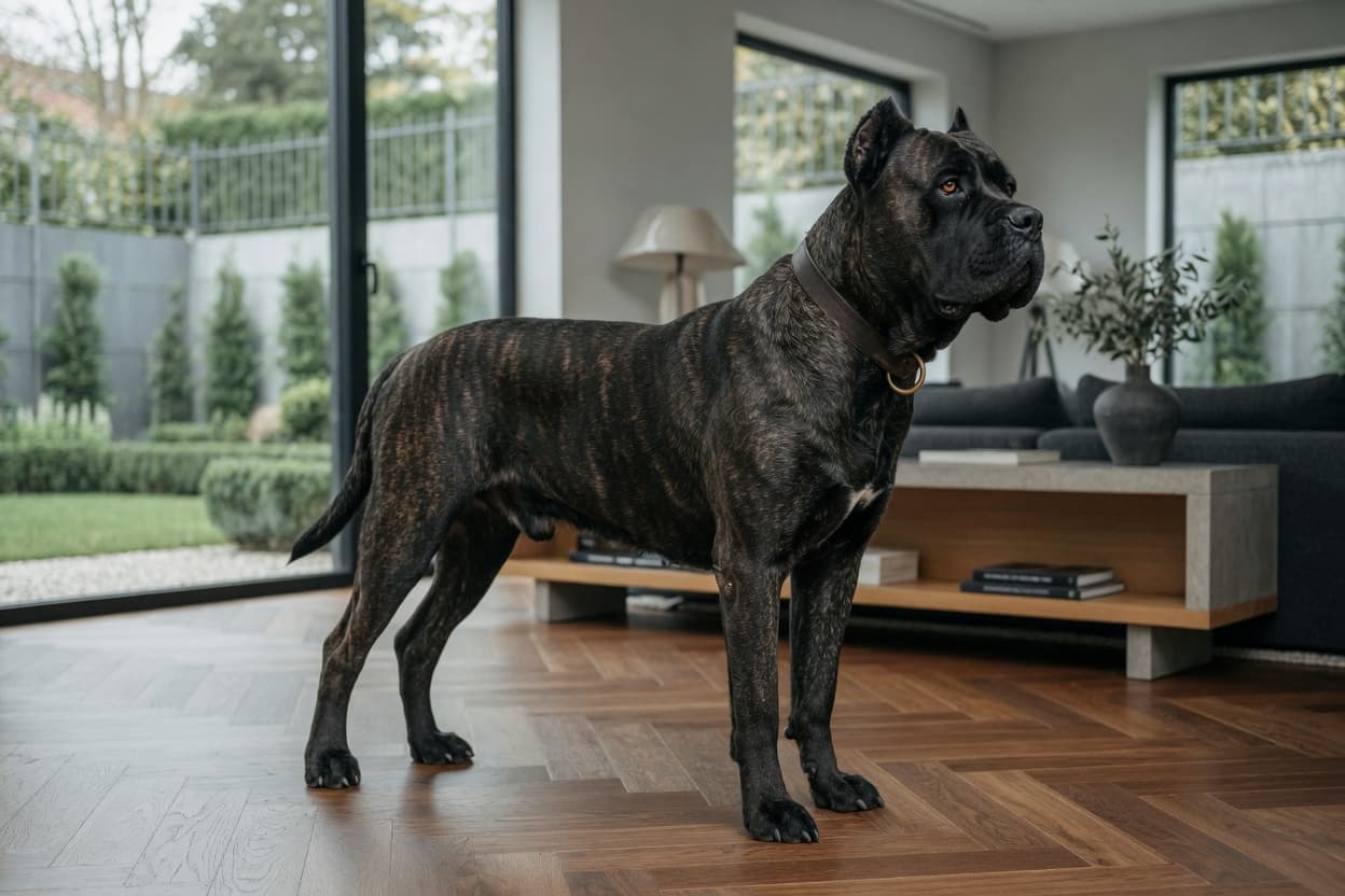 Adult male Cane Corso with dark brindle coat standing in a spacious living room, demonstrating the breed's impressive muscular build and size