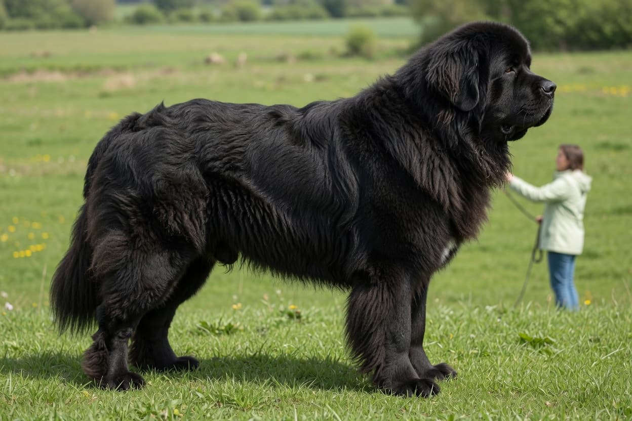 A large adult male Newfoundland dog standing in profile showing his massive size compared to a human figure in the background