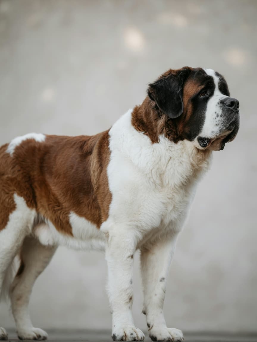 Adult male St. Bernard in profile showing impressive height and muscular build characteristic of the giant breed