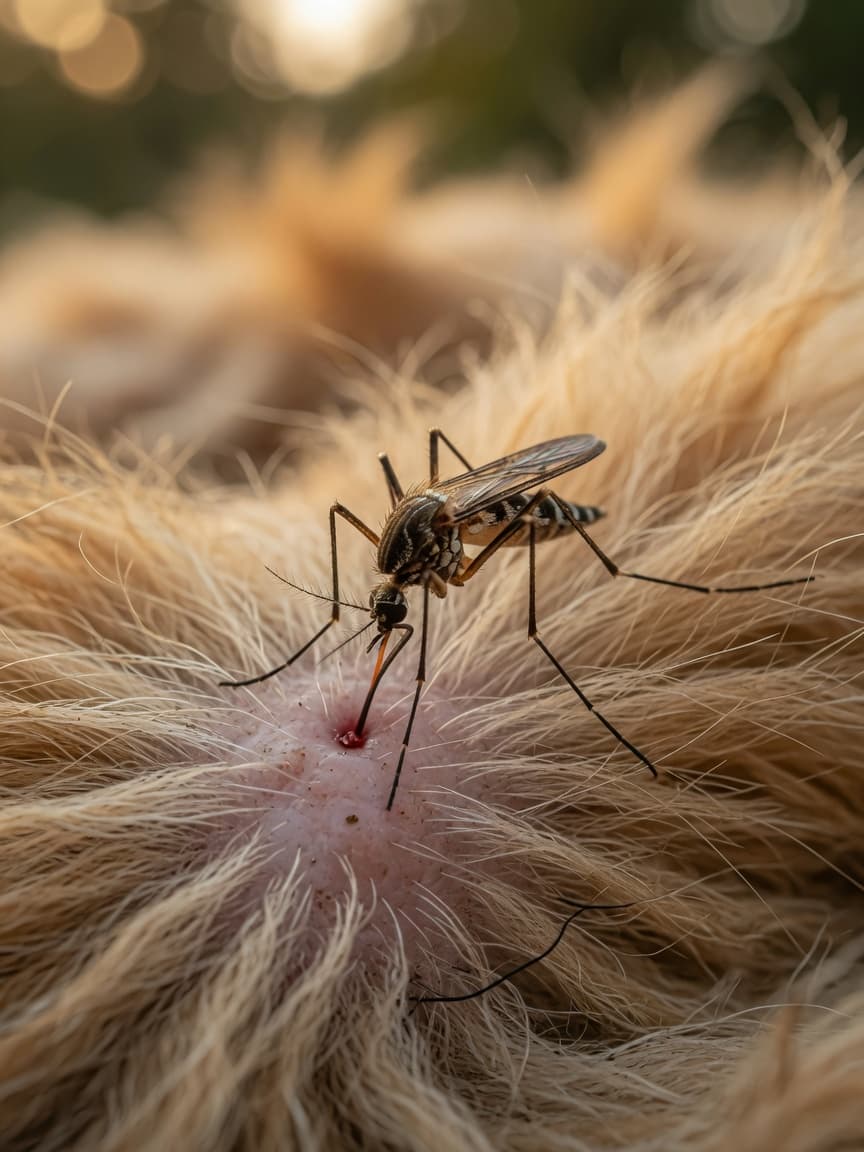Macro photograph of a mosquito biting a dog's skin with its proboscis, showing the precise moment of heartworm larva transmission.