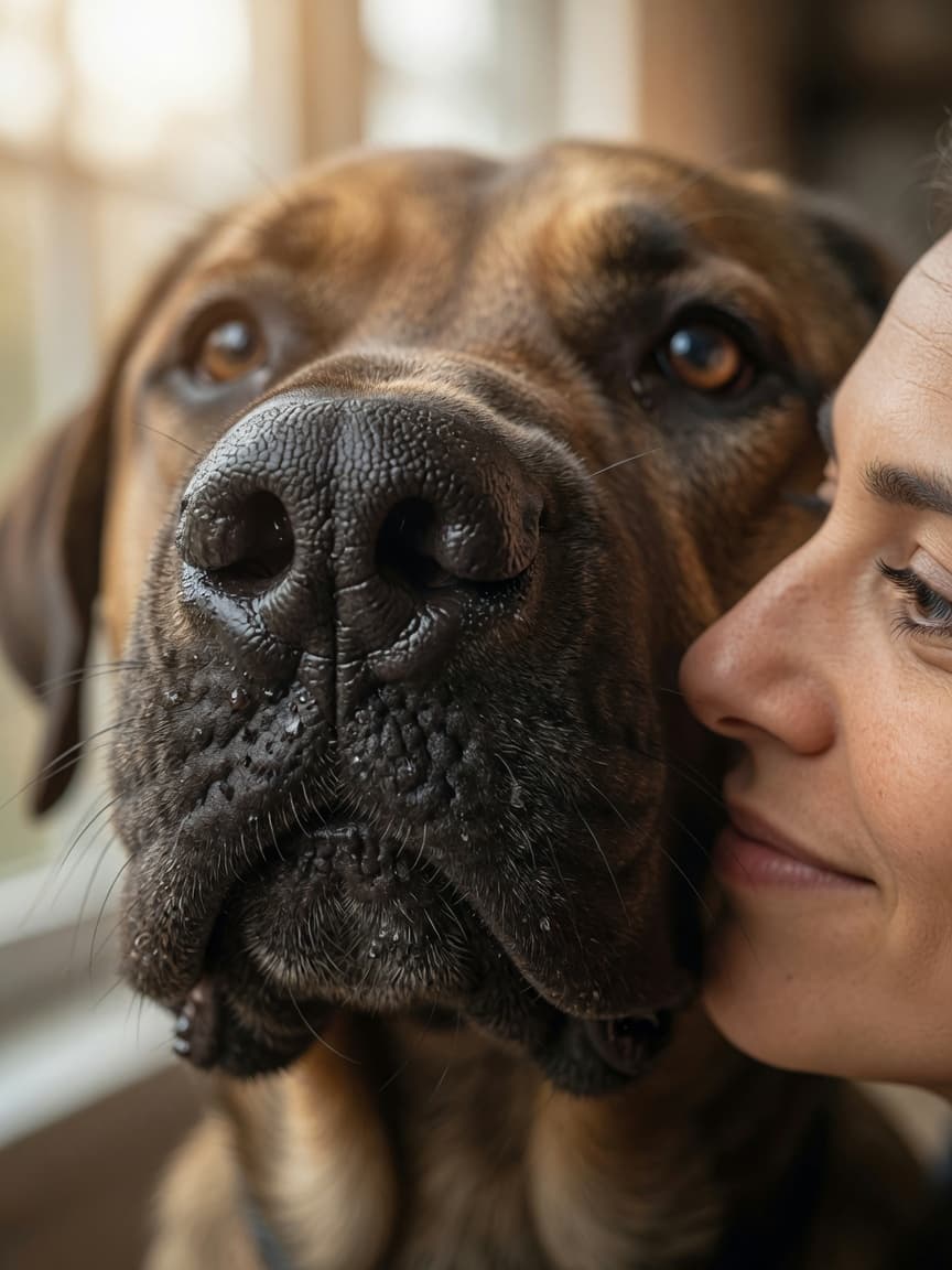 Close-up of a dog's nose in sharp focus with a human face blurred in the background, illustrating the contrast between canine and human olfactory sensitivity.