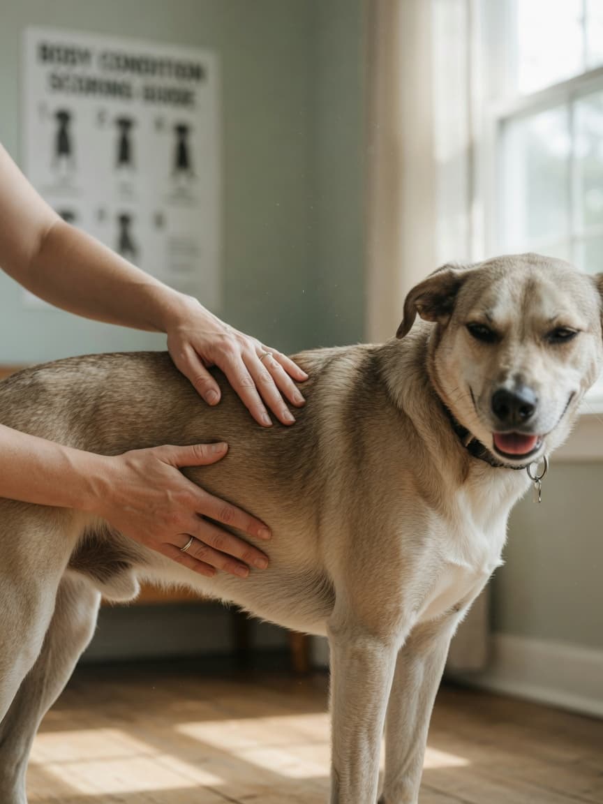 Dog owner performing body condition scoring by gently palpating a healthy dog's ribs during home assessment