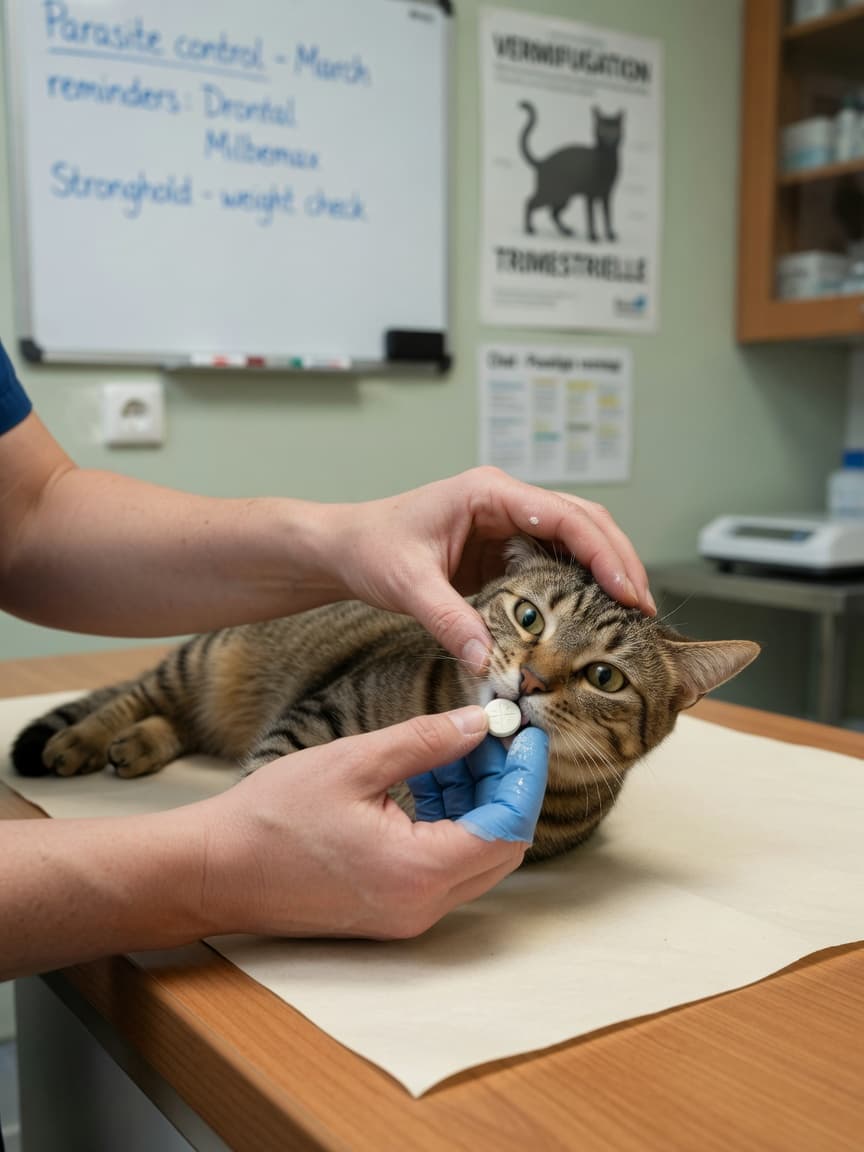 Veterinarian administering a worming tablet to a tabby cat during an examination