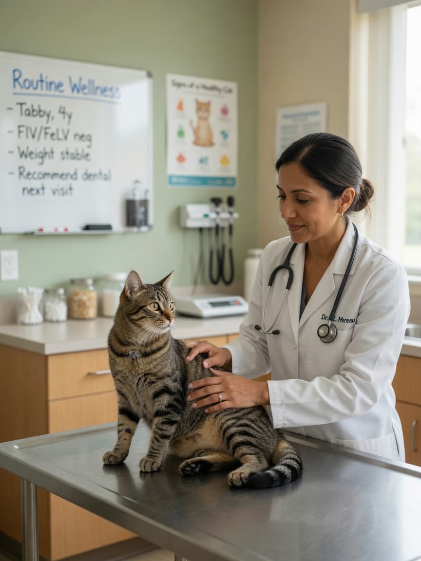Veterinarian examining a healthy tabby cat on an examination table during a routine wellness check