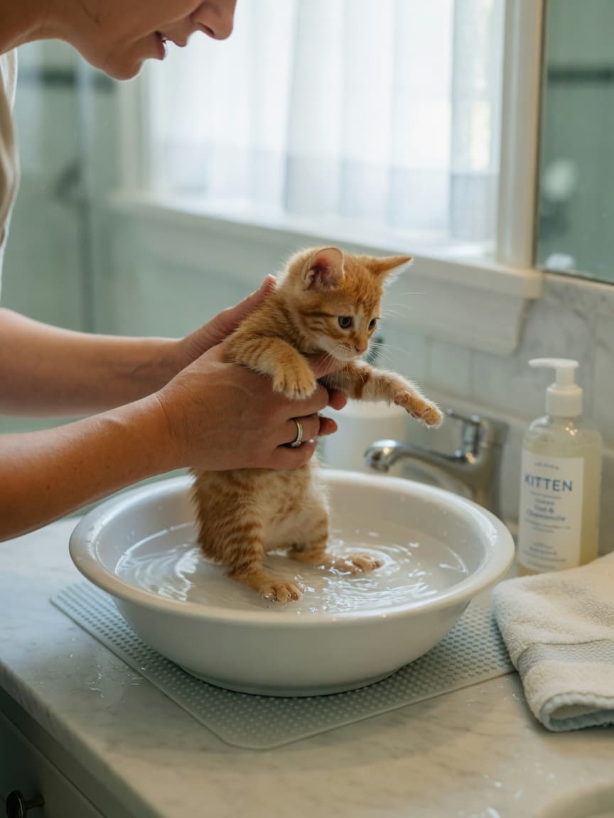 Person gently lowering a tabby kitten into warm bathwater in a bright bathroom, with towels and kitten shampoo on the counter
