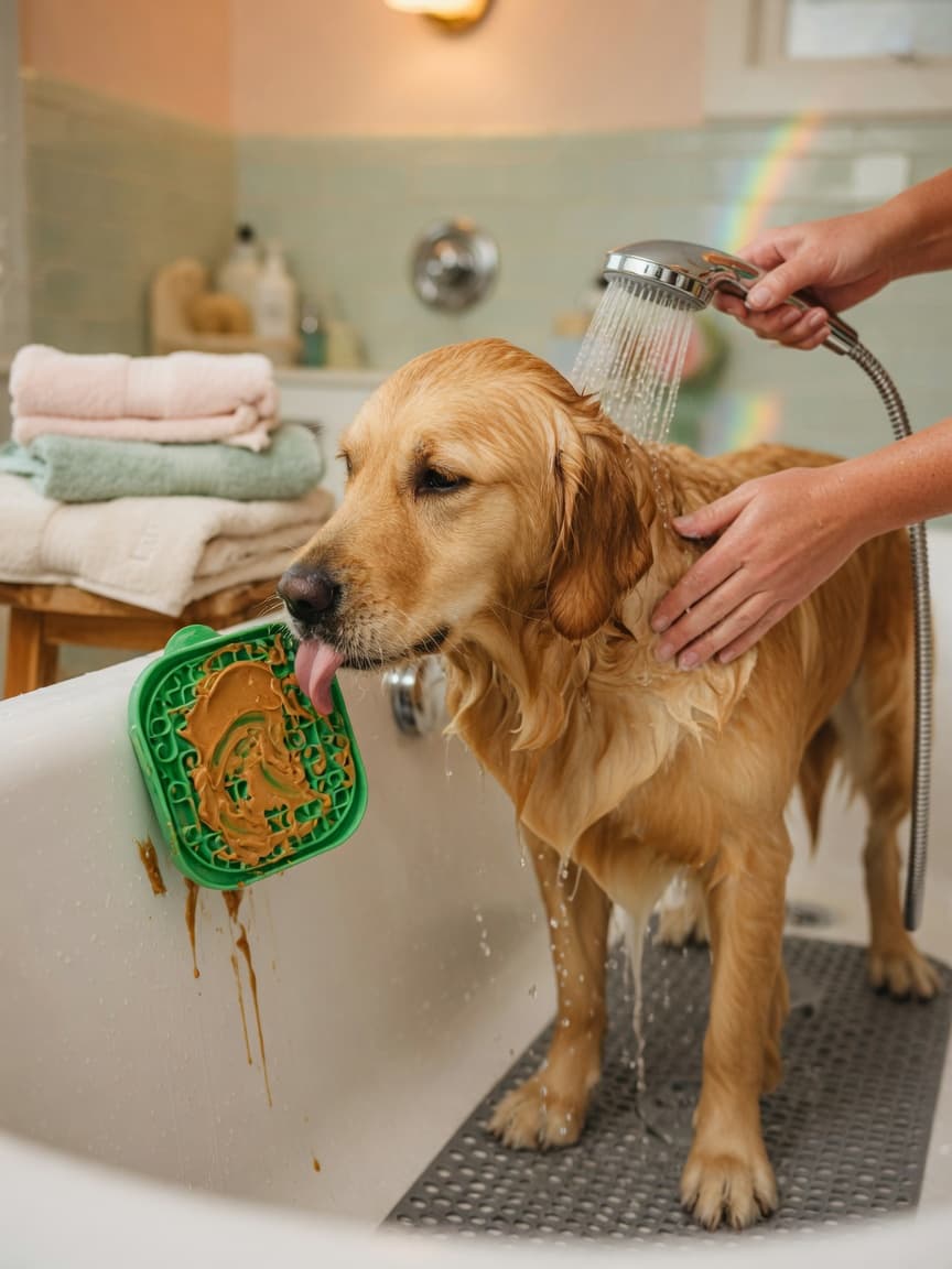 Golden Retriever calmly standing in bathtub with owner's hands wetting its coat, lick mat distraction visible on tub wall, fluffy towels nearby