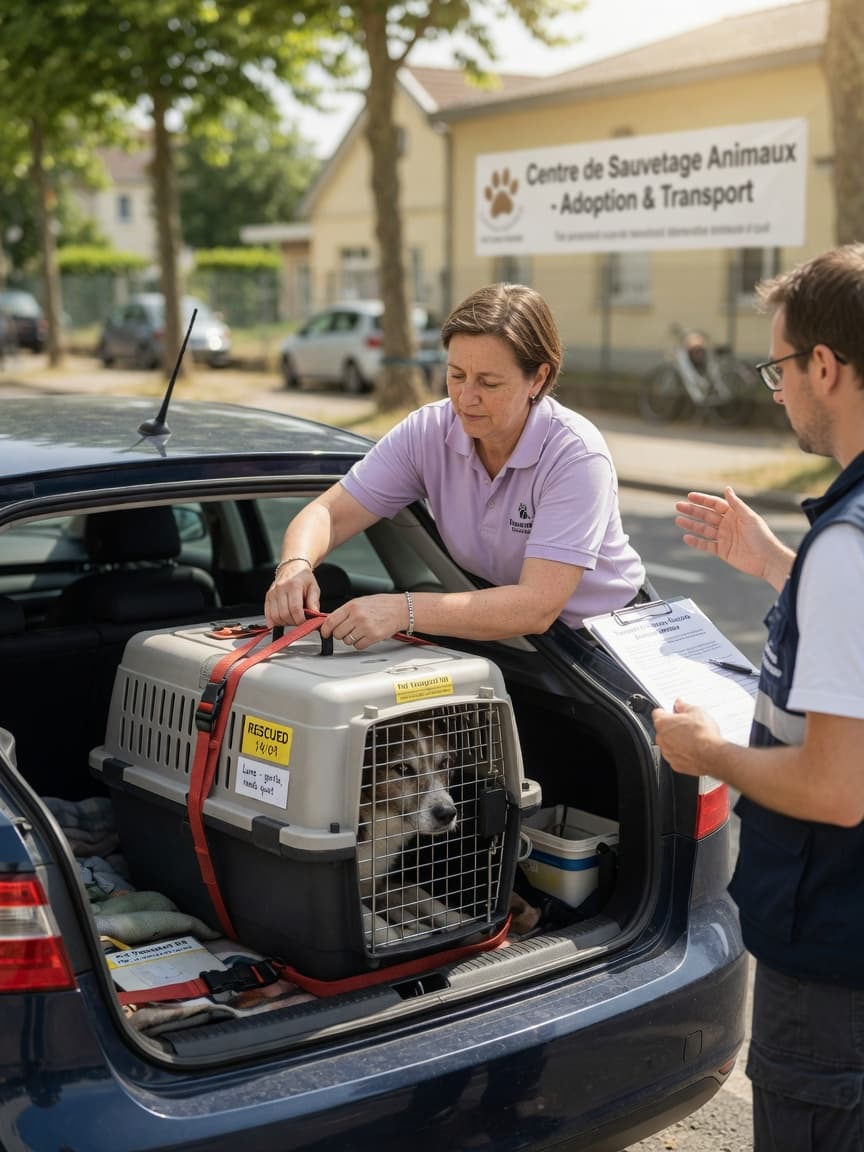Volunteer rescue transporter safely loading a pet carrier into a vehicle for animal transport