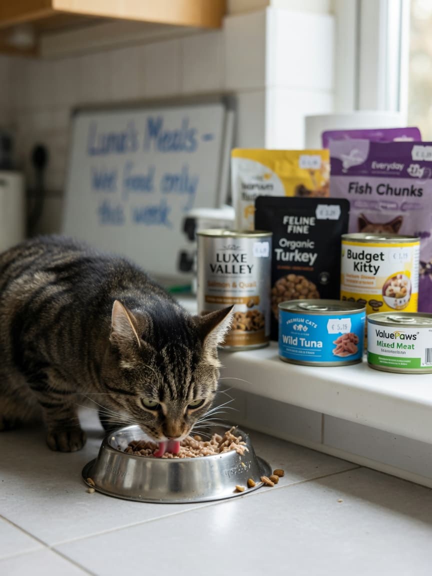 Domestic cat eating from a food bowl with various cat food products displayed on the kitchen counter in the background