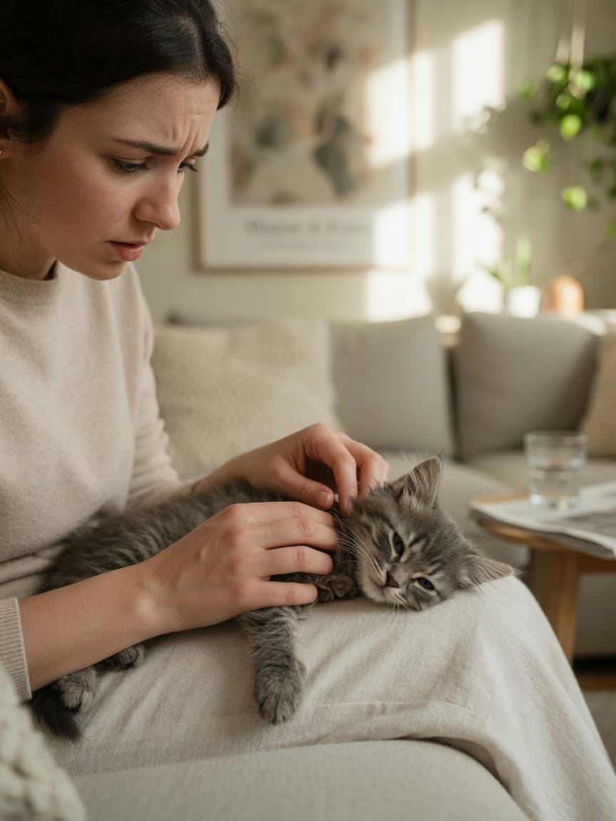 A woman gently cradling a sick kitten in her lap, displaying attentive care in natural home lighting
