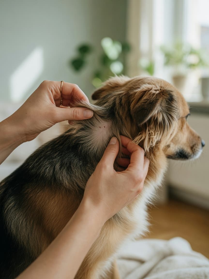 Owner's hands carefully parting a dog's neck fur to check for ticks during an at-home tick inspection