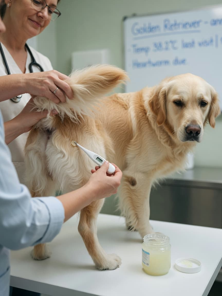 Veterinarian inserting a digital thermometer to check a golden retriever's body temperature during a health check
