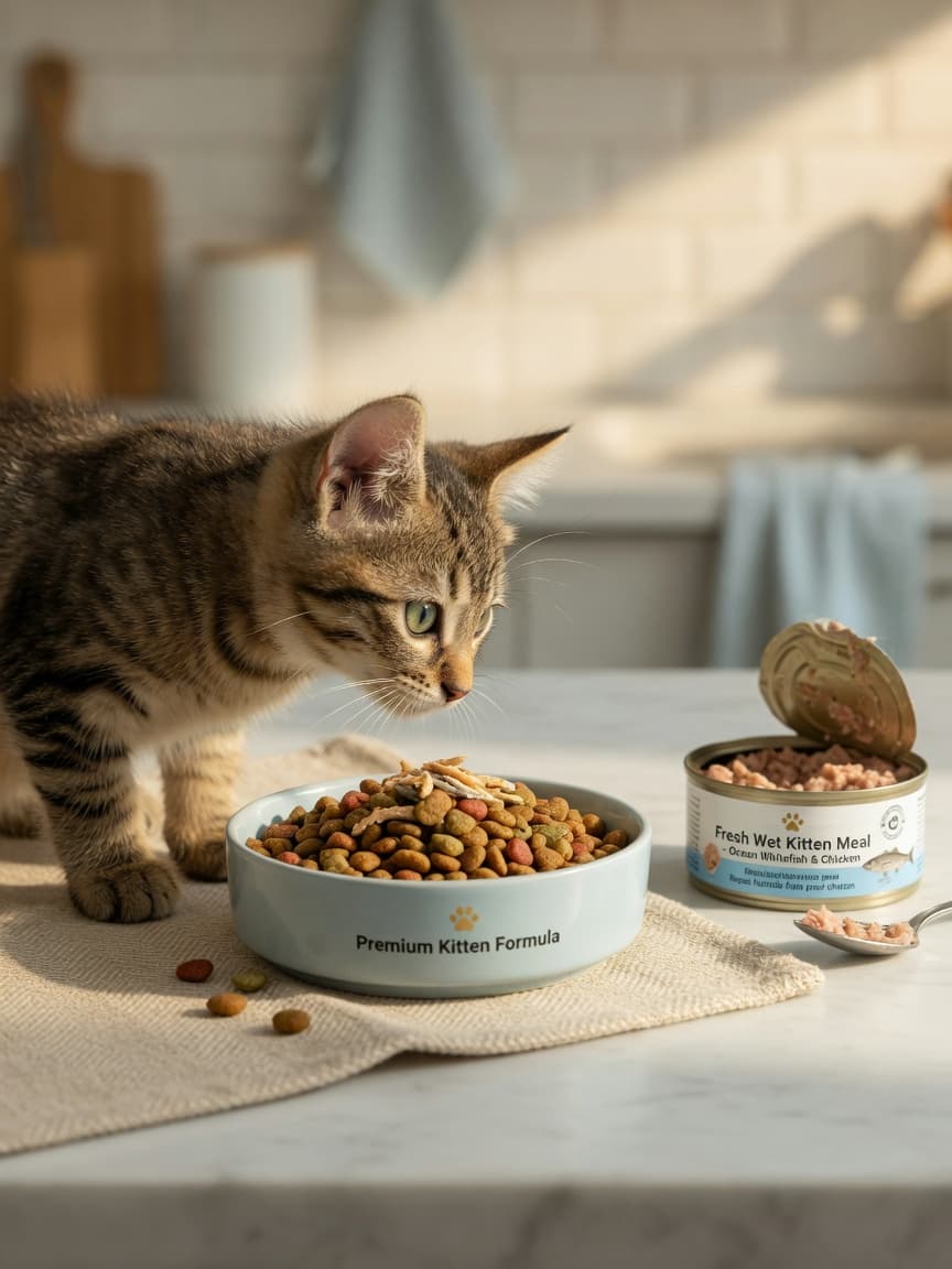 A tabby kitten with green eyes sniffing premium kitten food in a bowl on a kitchen counter with natural lighting