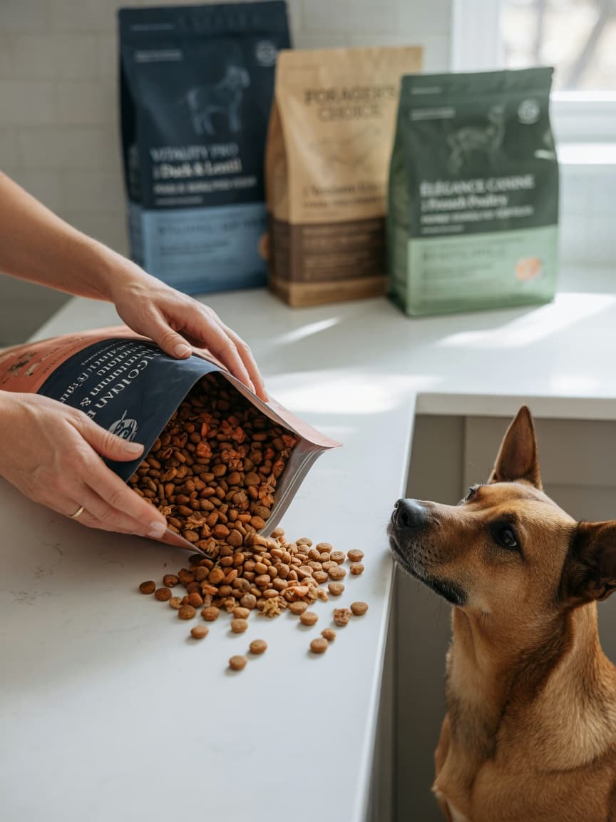 Dog owner examining dry dog food kibble in their hands while a healthy dog watches attentively on a kitchen counter