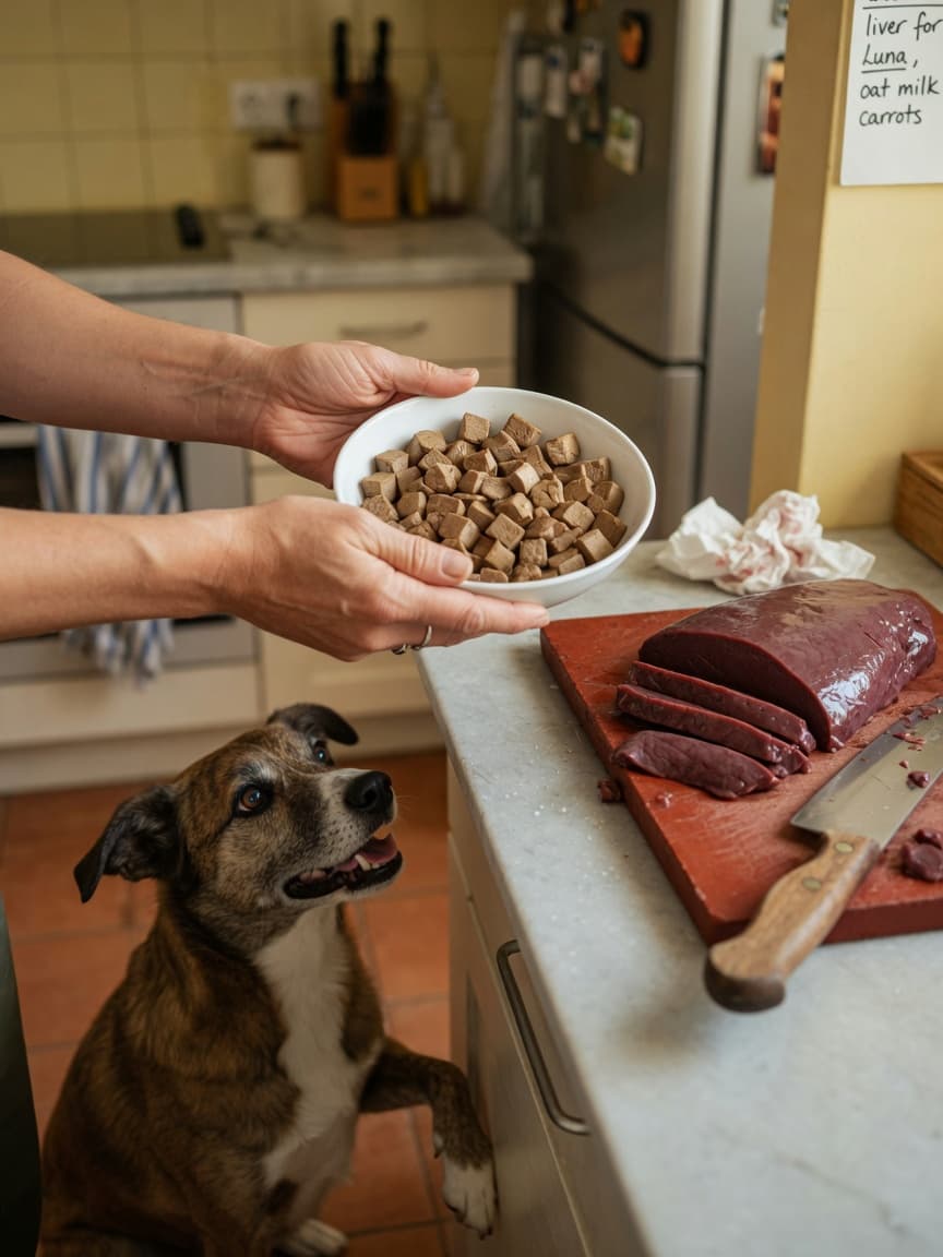 Dog owner serving cooked beef liver treats from a bowl to an attentive dog in a home kitchen