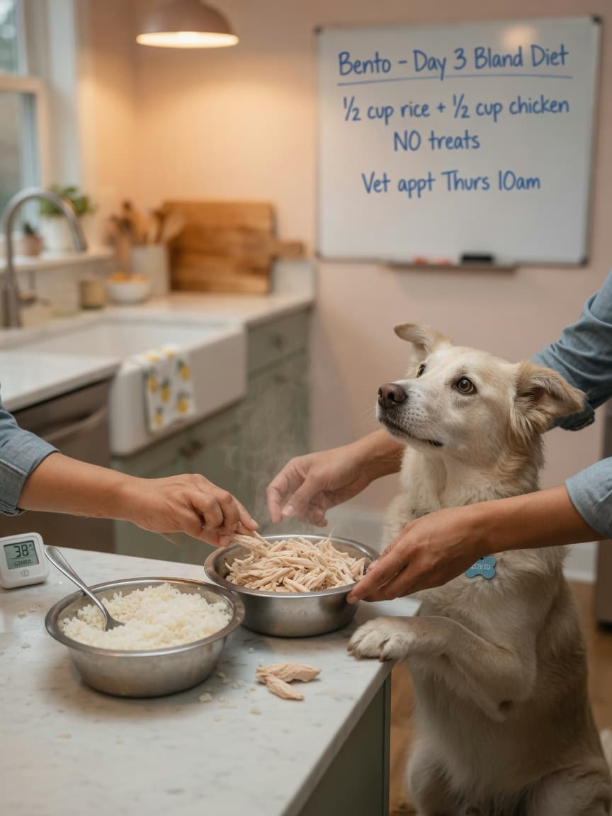 Dog watching owner prepare plain boiled chicken and white rice in a home kitchen