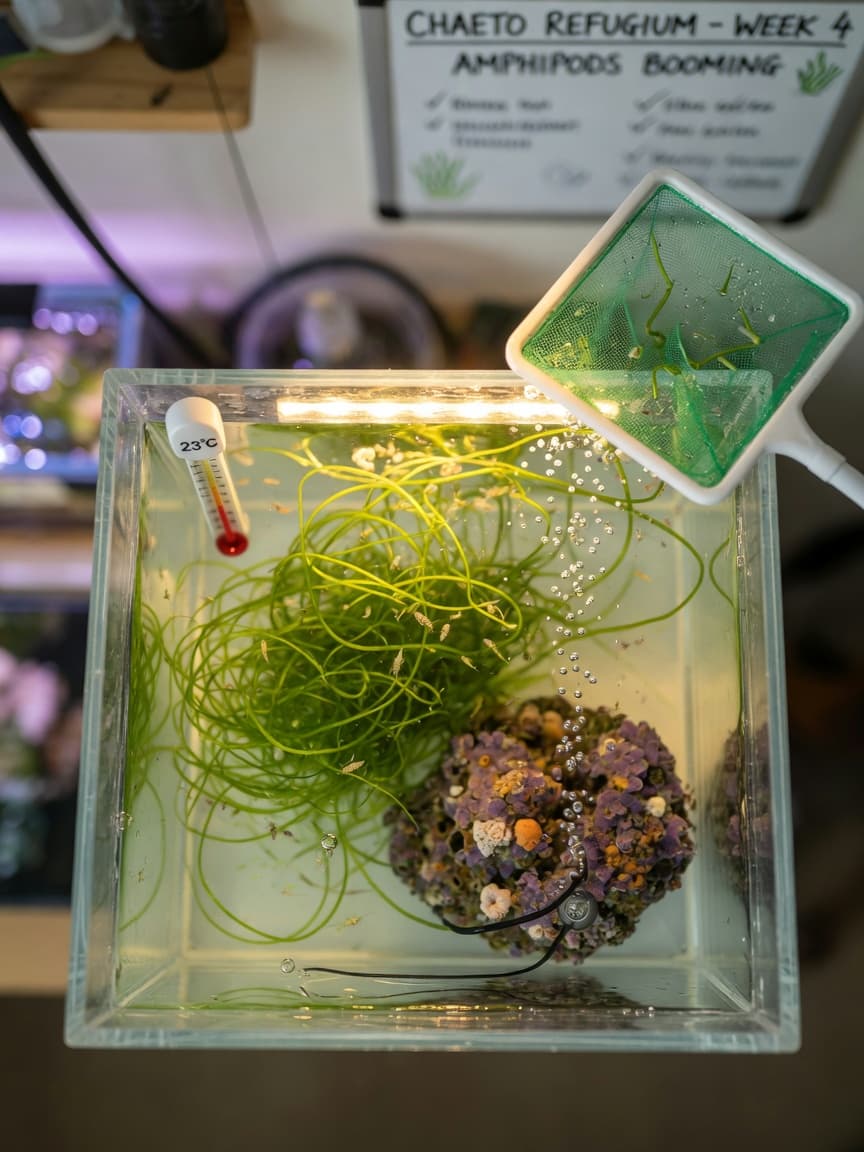 A small transparent aquarium culture tank with green macroalgae, live rock, and an air stone, demonstrating the basic setup for culturing amphipods and copepods at home.