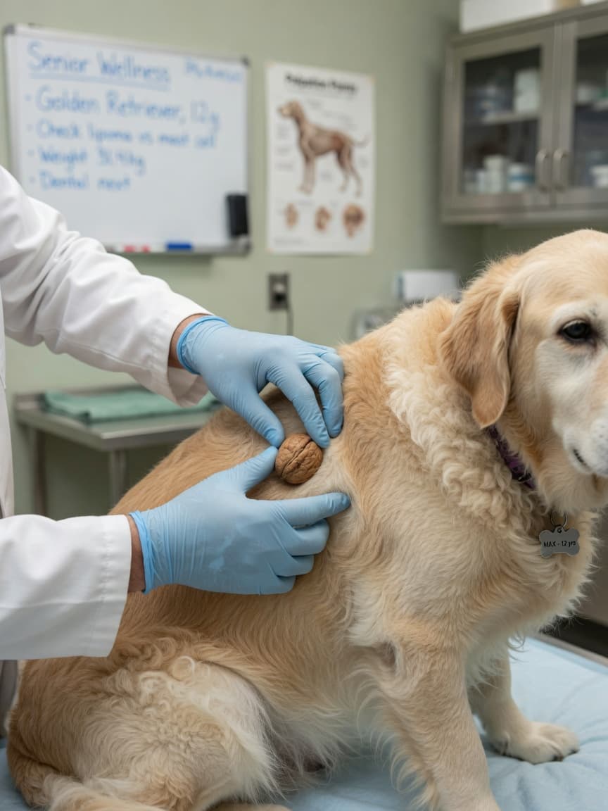 Veterinarian examining a lump on a golden retriever's side during a physical examination on a clinic table