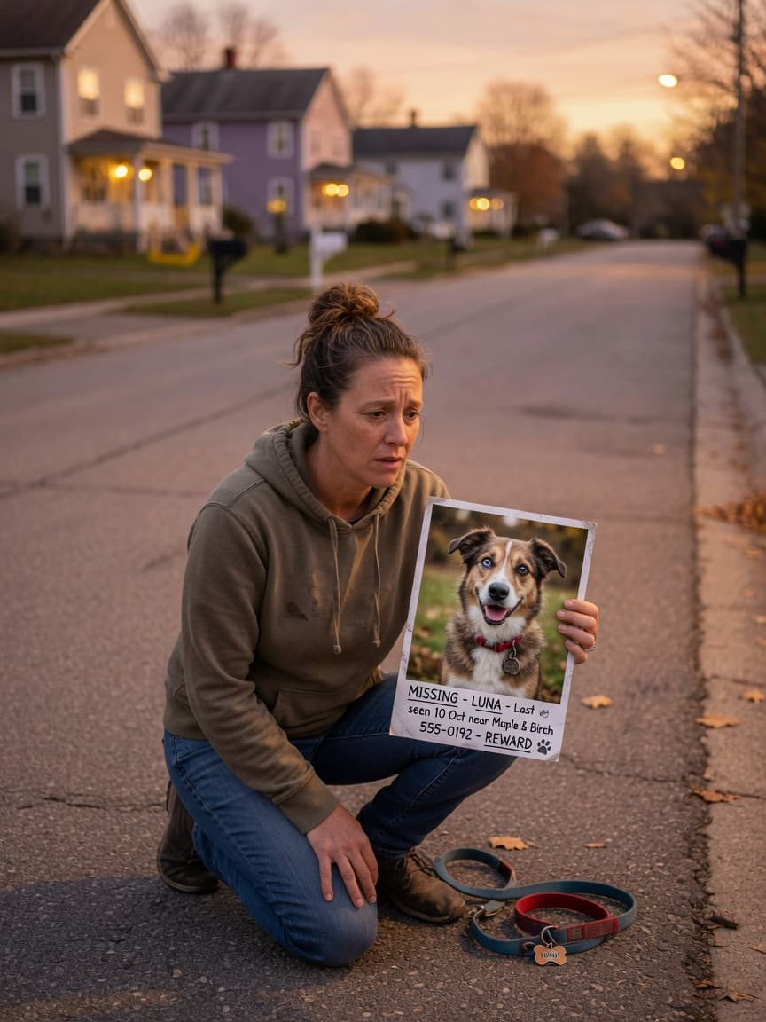 Worried dog owner kneeling on suburban street at dusk holding their missing dog's photograph, looking down empty road with determination
