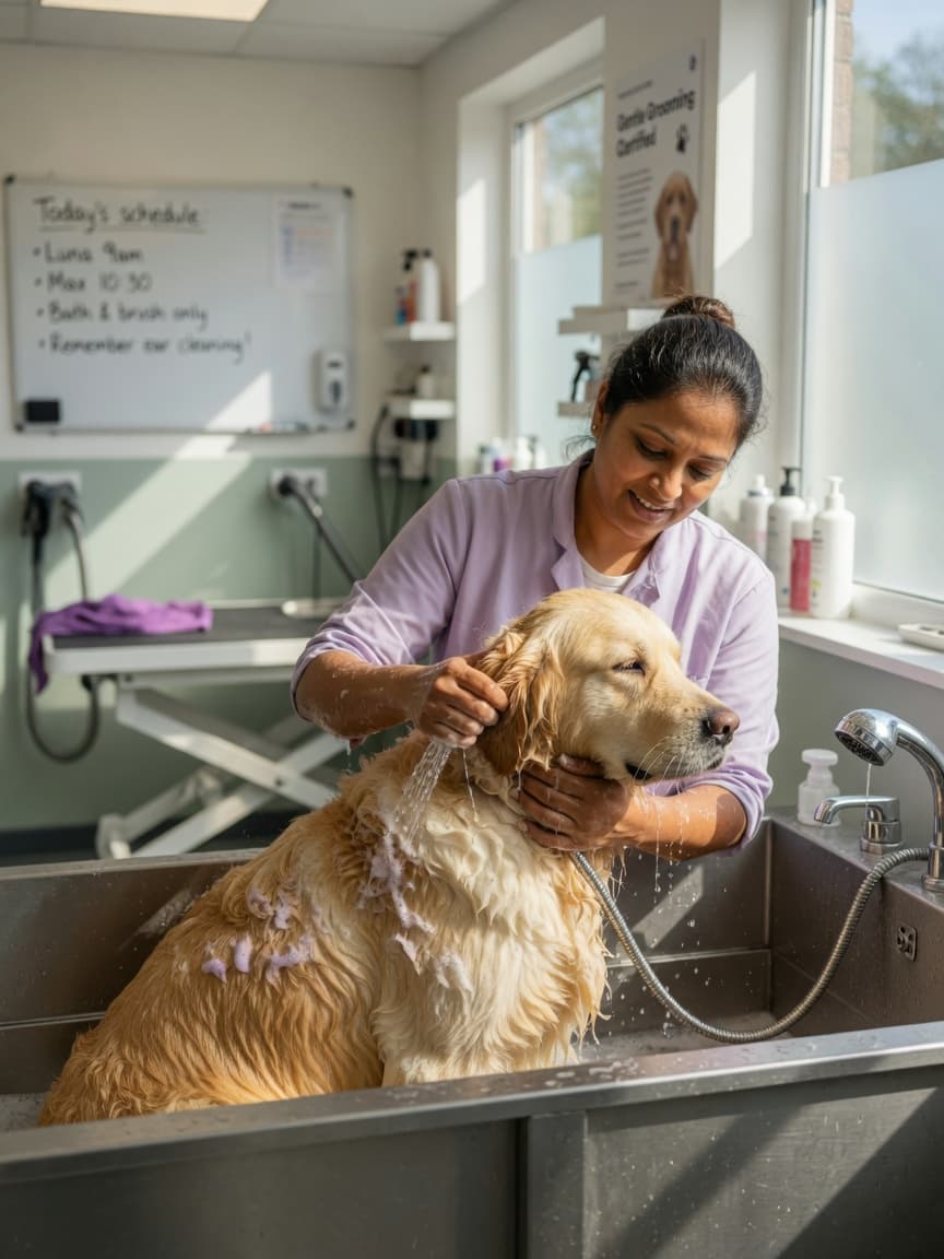 Professional groomer bathing a calm Golden Retriever in a clean, sunlit grooming facility