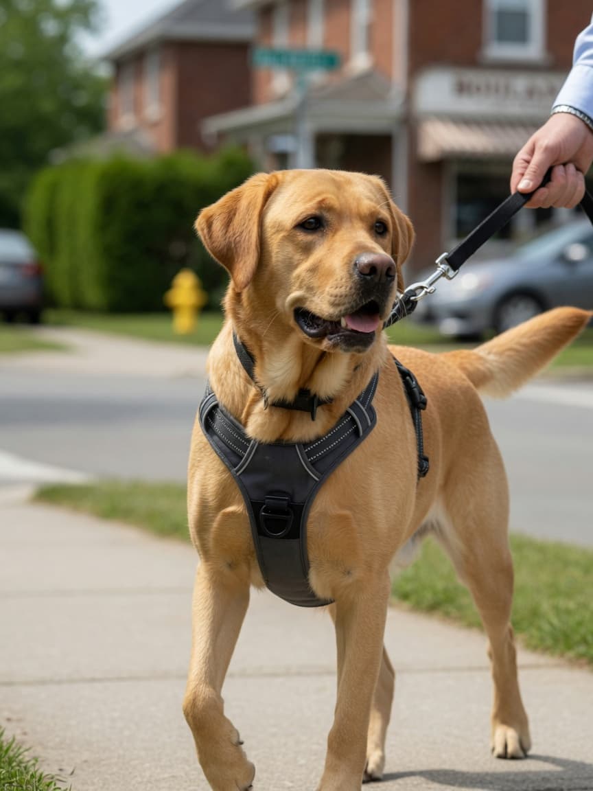 Golden Labrador wearing a front-clip harness during a daytime walk