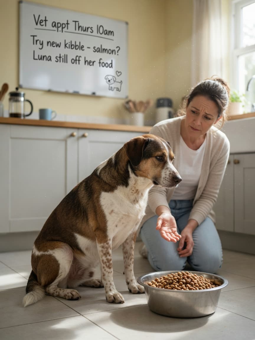 A disinterested dog turning away from its food bowl while owner encourages eating in a bright kitchen