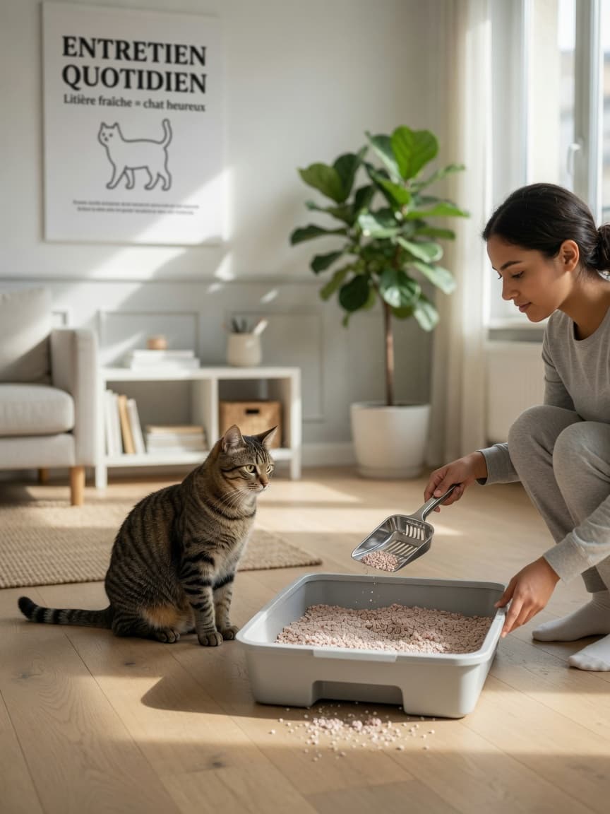 Cat owner scooping litter daily in a bright living room with a tabby cat nearby, demonstrating proper litter box maintenance