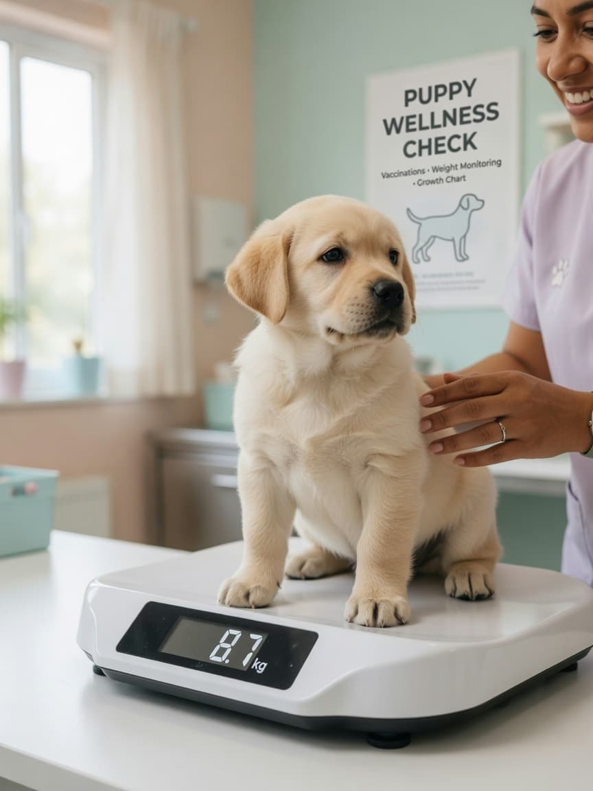 Overweight golden Labrador puppy being weighed on a digital scale at a veterinary clinic with a caring vet present