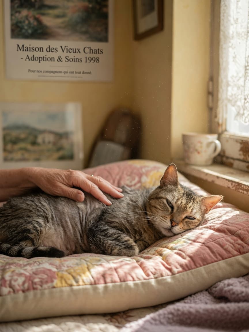 An elderly tabby cat resting peacefully on soft bedding beside a sunny window with a caregiver's hand gently touching its back