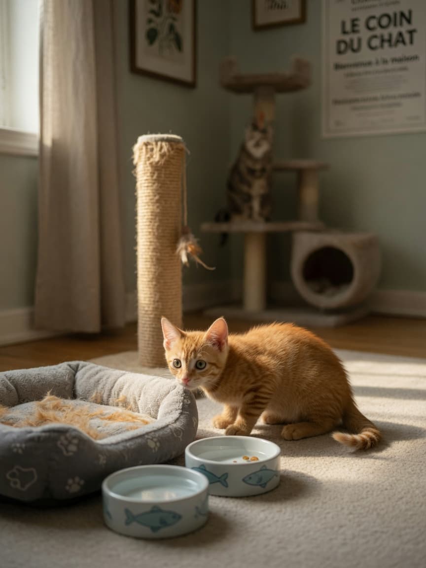 A young tabby kitten exploring its safe base room with food bowl and pet bed visible, surrounded by cozy, calming decor.