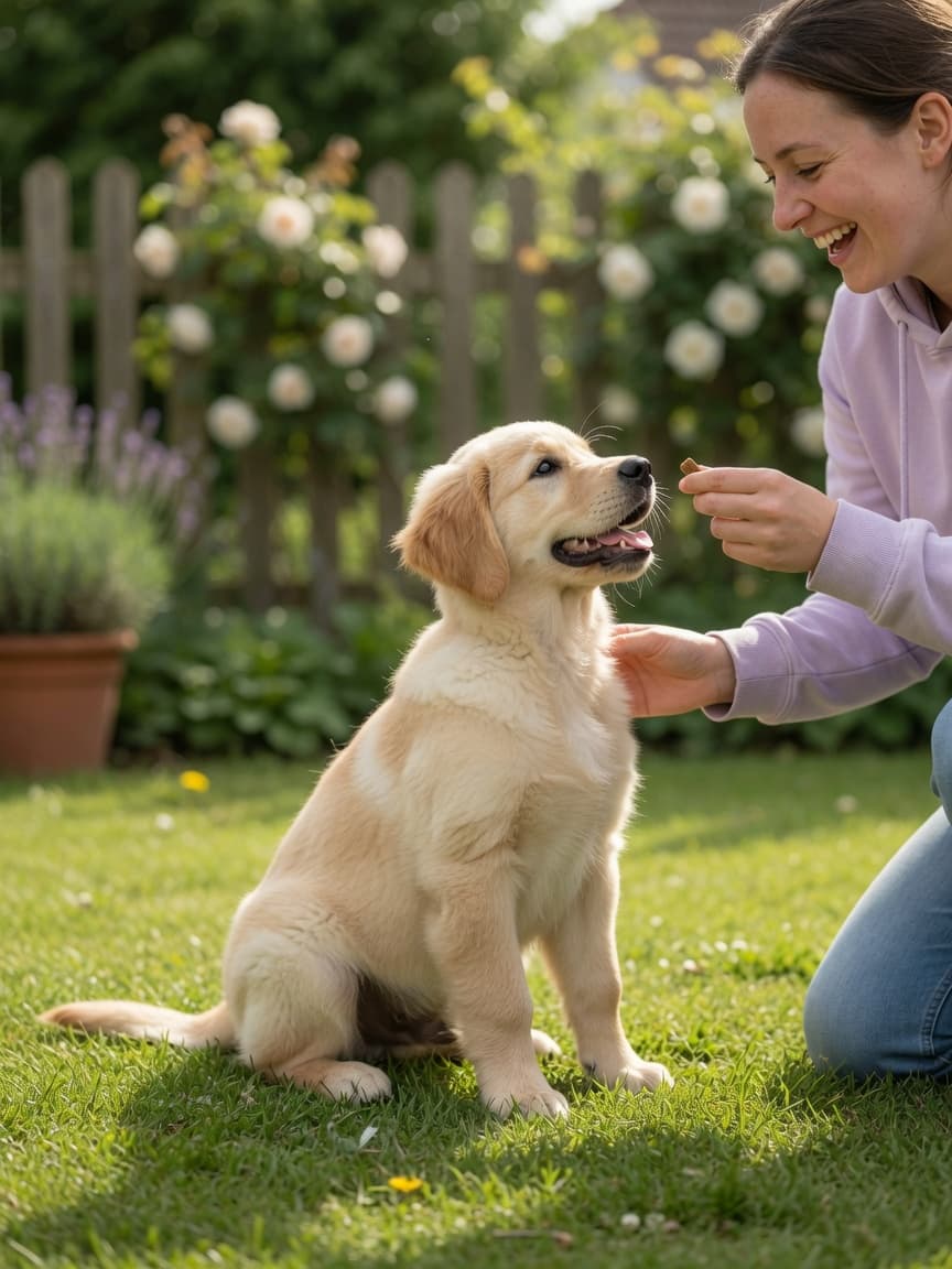 Golden retriever puppy receiving praise and treat from owner in garden during successful outdoor housetraining moment