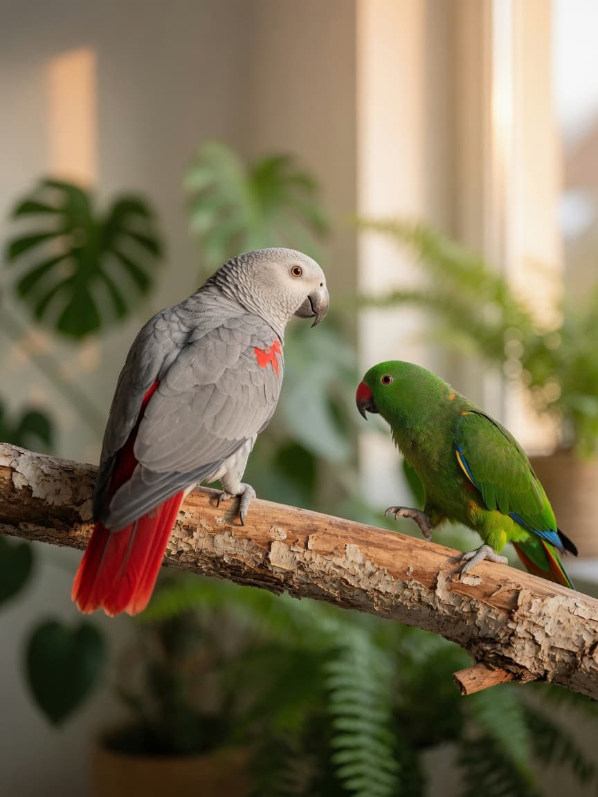 Two parrots on a wooden perch during their first cautious introduction, larger established parrot watching smaller newcomer with calm curiosity
