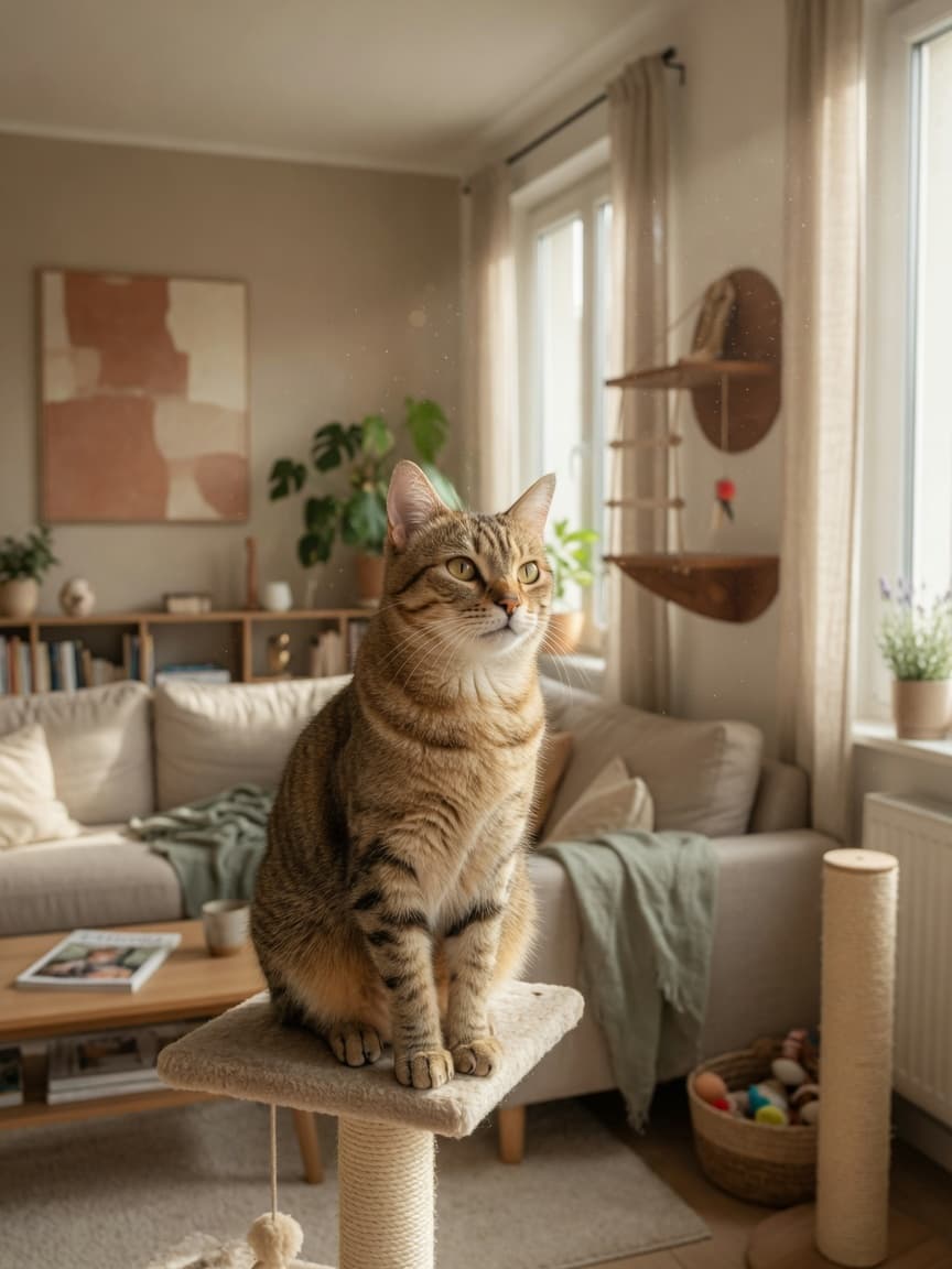 A healthy tabby cat sitting on a cat tree by a bright window, demonstrating enriched indoor living