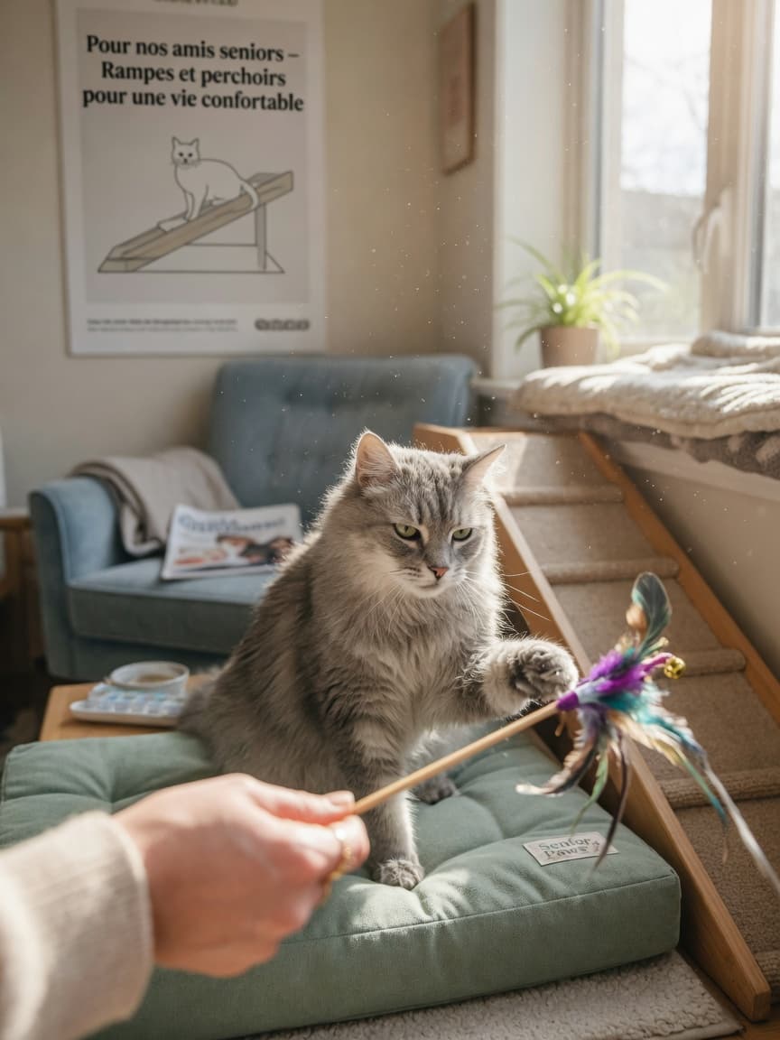 Senior gray tabby cat playfully engaging with a feather wand toy in a bright, accessible home environment